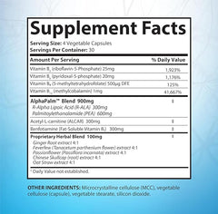 Supplement facts label with detailed nutritional information on a blue background