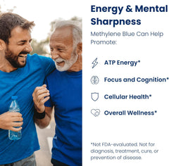 Two men in blue shirts with a bottle, text about Methylene Blue benefits on a white background