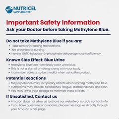 Safety information card for Methylene Blue supplement by Nutricel Supplements with important safety details.
