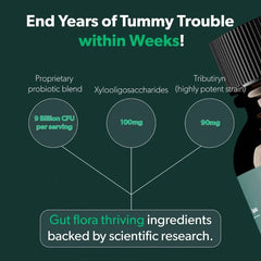 Advertisement for a product claiming to end tummy trouble with gut flora thriving ingredients on a dark green background.
