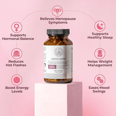 Supplement bottle labeled 'Hormone Harmony' on a pink background with icons and text about supplement benefits.