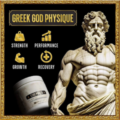 Statue of a muscular figure with 'Greek God Physique' text and supplement container.