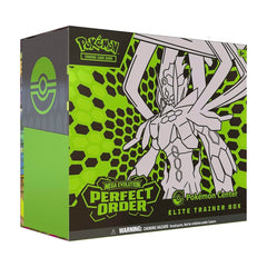Pokémon Trading Card Game Perfect Order Elite Trainer Box from Mega Evolution, featuring a large black-and-white line art illustration of a Pokémon on a bright lime green and dark gray box.