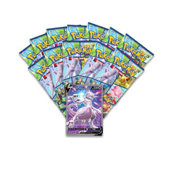 Collection of Pokémon trading cards with a prominent Mewtwo card on a white background