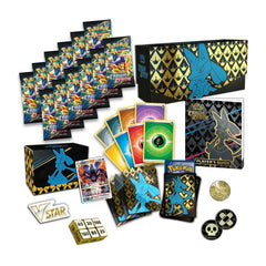 Collection of trading cards, packaging, and accessories on a white background