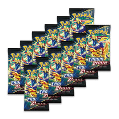 Multiple packs of Pokemon Crown Zenith trading card game on a white background