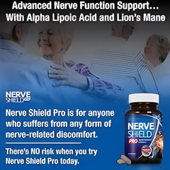 Advertisement for Nerve Shield Pro supplement with text about nerve function support, alpha lipoic acid, and lion's mane.