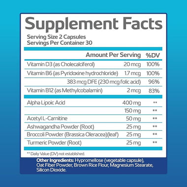 Supplement facts label with detailed nutritional information on a blue background