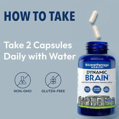 Supplement bottle labeled 'Dynamic Brain' with capsules and text on a light blue background