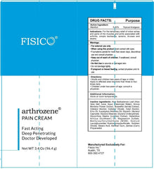 Label of FISICO arthrozene Pain Cream with product details and directions.