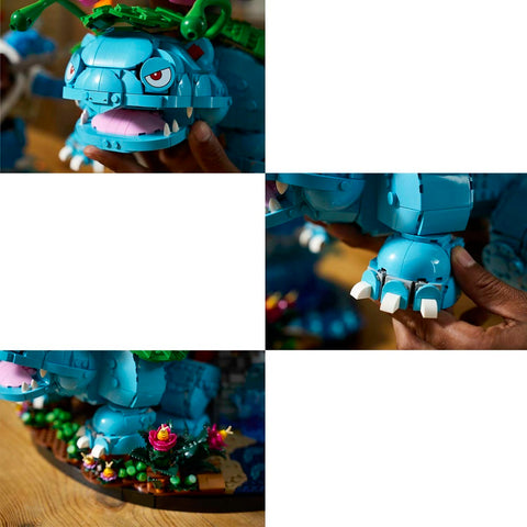 A four-panel collage showing a blue monster-style building block figure from different angles, held by hands over a wooden surface. The figure has green head details, red eyes, white teeth, and a small decorative base with colorful flowers and green beads.